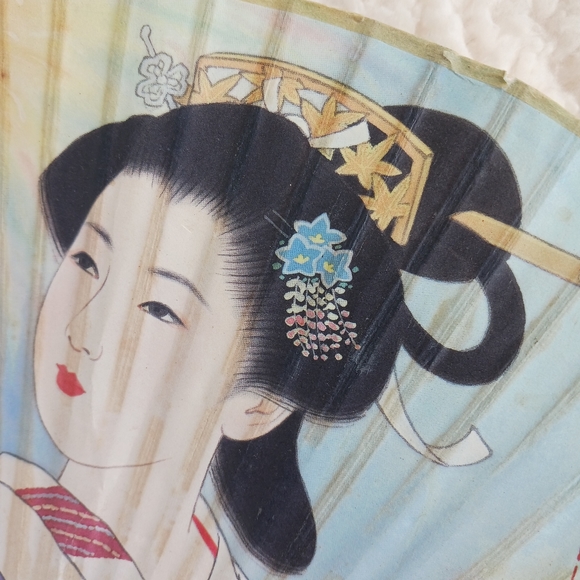 Japanese Geisha Paper Hand Fan Wooden Bamboo Handle Antique - Picture 4 of 10